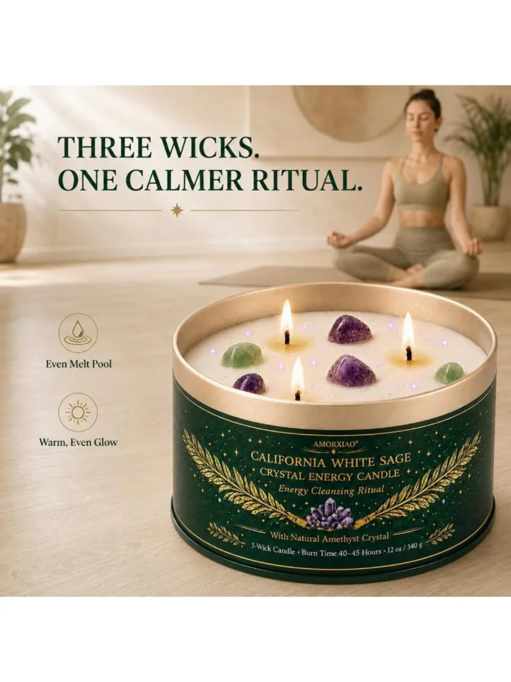 Cleansing Sage Candle Set - 3 Pack Scented Jar Candles with Healing Crystals